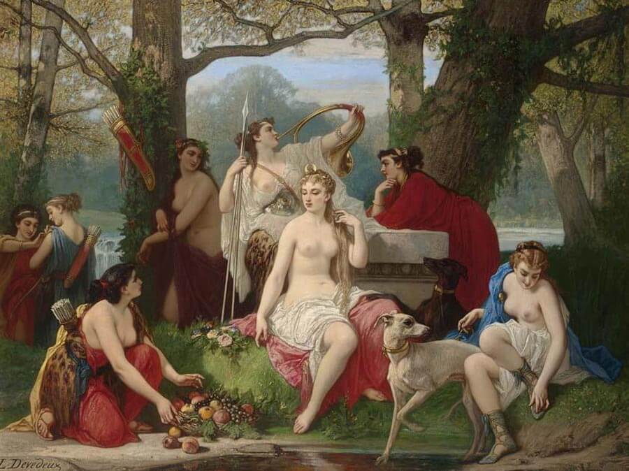 Greek goddess Artemis surrounded by her followers