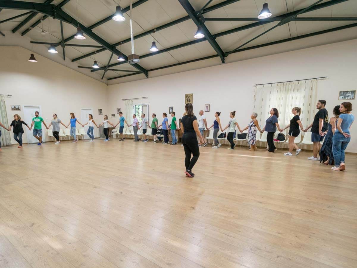 Dancing instructor teaches Syrtaki to people