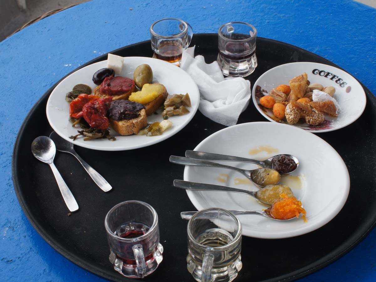 Dishes with local food of Santorini