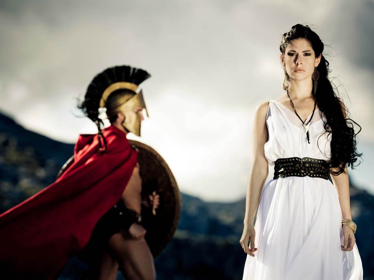 A Spartan warrior and woman at the hills of the Peloponnese